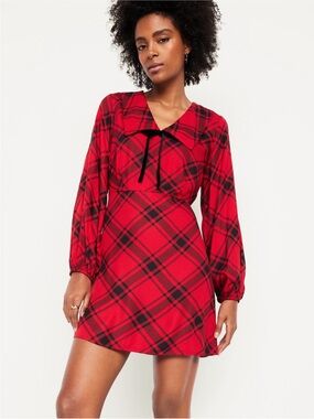 Fit & Flare Long-Sleeve Crepe Mini
Dress - Red Plaid with Collar